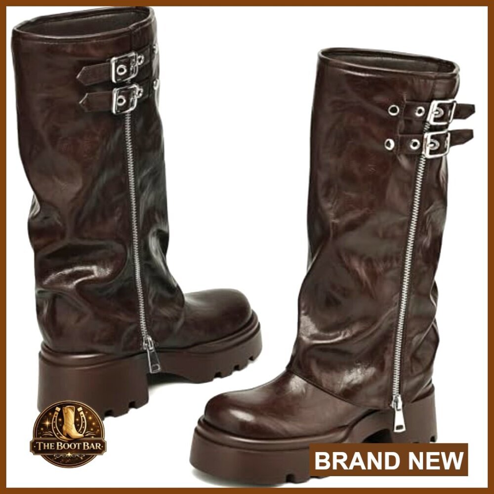 Knee High Moto Boots with Fold Over Design, Platform Chunky Heel, Wide Calf - Picture 5 of 6